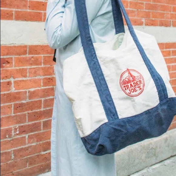 Trader Joe's canvas bag Off White Creme Navy Blue - Picture 3 of 3
